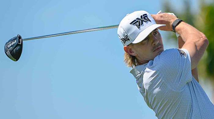 Jake Knapp watches his tee shot at the 2024 Mexico Open at Vidanta in Puerto Vallarta, Mexico.